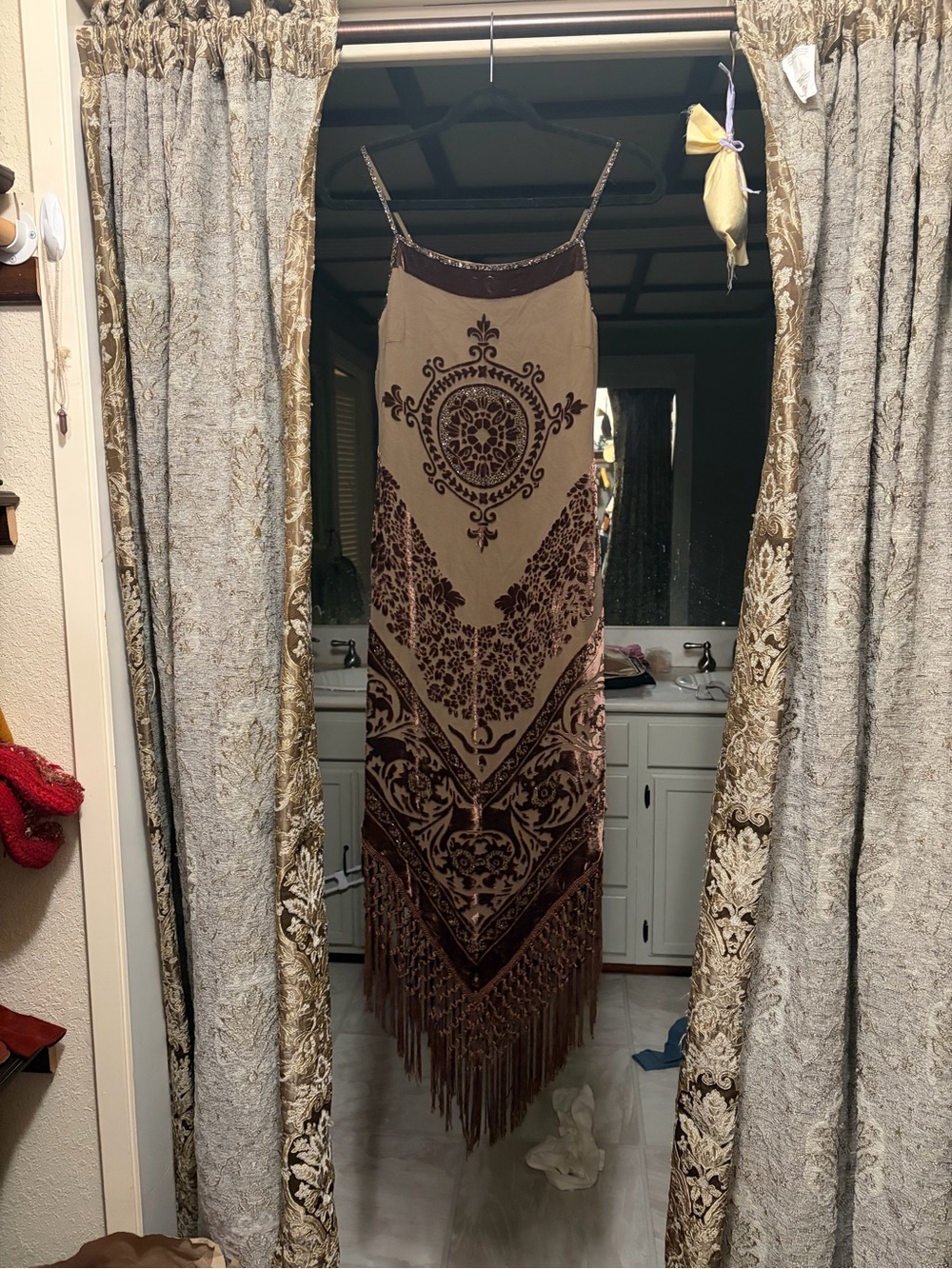 Sue Wong Beige Maxi Dress with Brown Velvet Motif and Fringe